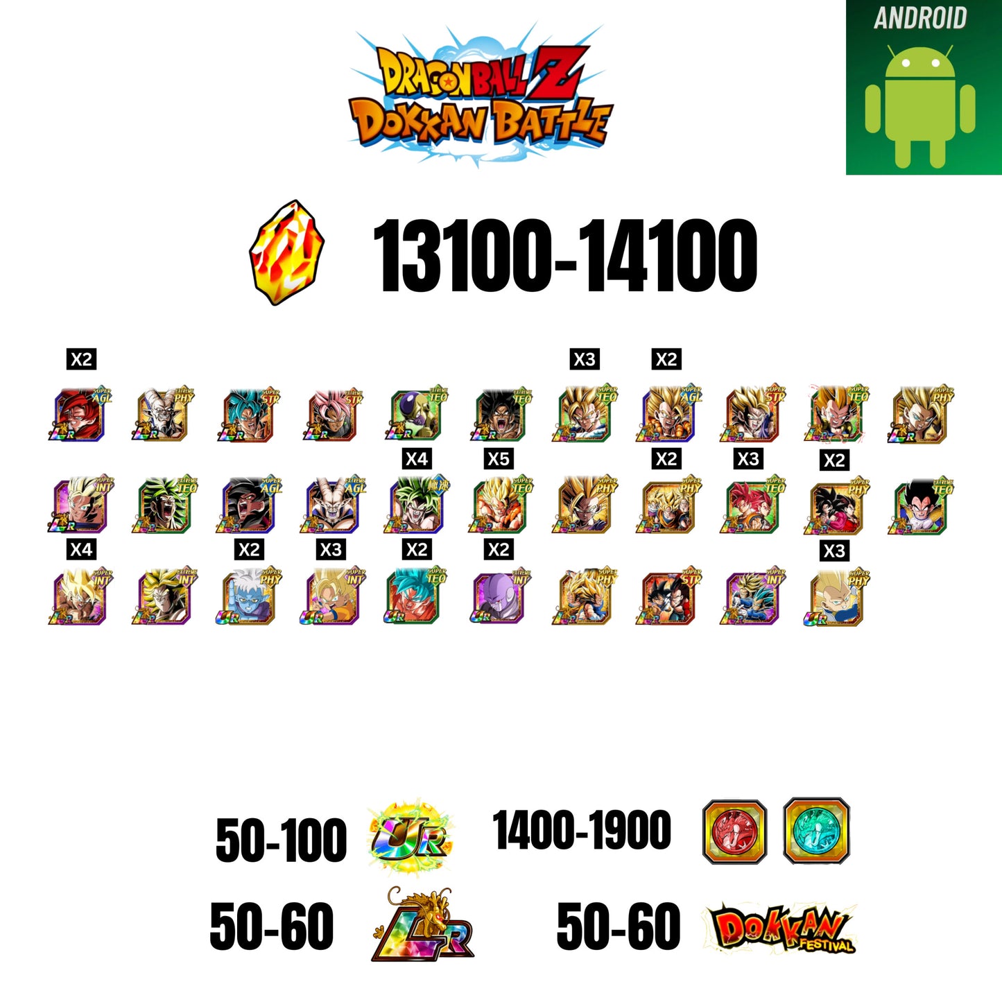 [GLOBAL] [ANDROID] 13100-14100 STONES | 4 WWC LR  | GOHAN LR | FRIEZA LR | BROLY LR | 41 CHARACTERS | 50-60 LR + 50-60 DOKKAN FESTIVAL | 1400-1900 COIN