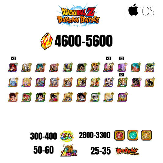 [GLOBAL][IOS] 4600-5600 STONES | 4 WWC LR  | GOHAN LR | FRIEZA LR | BROLY LR | 32 CHARACTERS | 50-60 LR + 25-35 DOKKAN FESTIVAL | 2800-3300 COIN