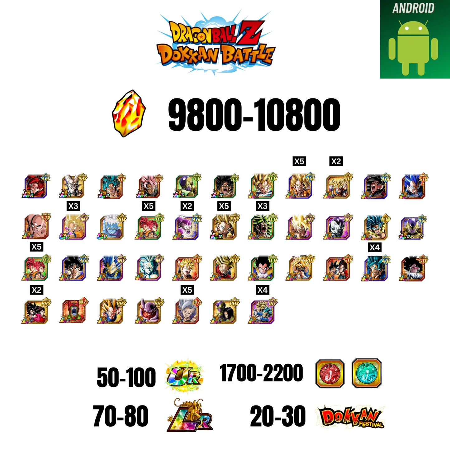 [GLOBAL] [ANDROID] 9800-10800 STONES | 4 WWC LR  | GOHAN LR | FRIEZA LR | BROLY LR | 40 CHARACTERS | 70-80 LR + 20-30 DOKKAN FESTIVAL | 1700-2200 COIN