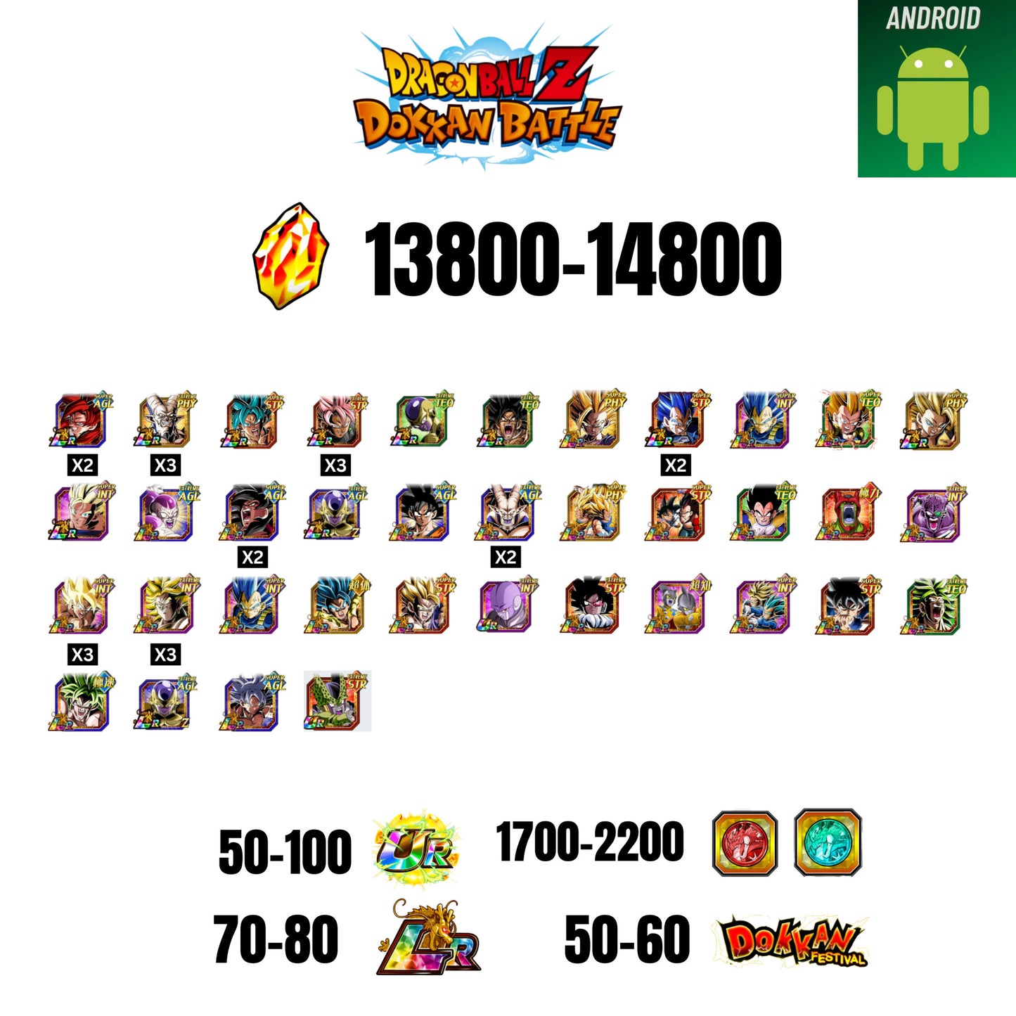 [GLOBAL] [ANDROID] 13800-14800 STONES | 4 WWC LR  | GOHAN LR | FRIEZA LR | BROLY LR | 37 CHARACTERS | 70-80 LR + 50-60 DOKKAN FESTIVAL | 1700-2200 COIN