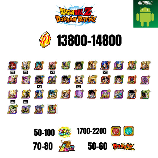 [GLOBAL] [ANDROID] 13800-14800 STONES | 4 WWC LR  | GOHAN LR | FRIEZA LR | BROLY LR | 37 CHARACTERS | 70-80 LR + 50-60 DOKKAN FESTIVAL | 1700-2200 COIN