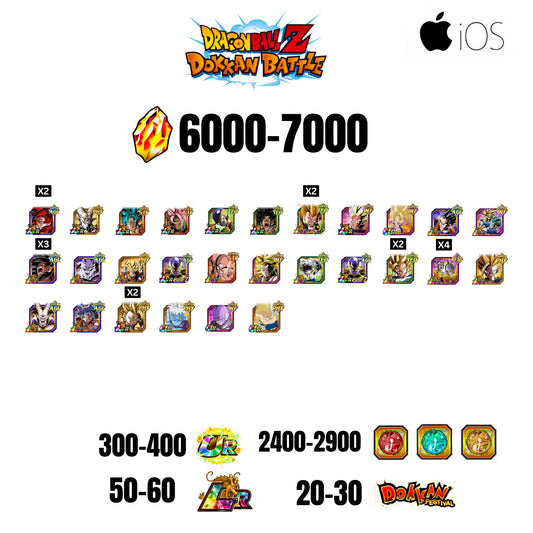 [GLOBAL][IOS] 6000-7000 STONES | 4 WWC LR  | GOHAN LR | FRIEZA LR | BROLY LR | 28 CHARACTERS | 50-60 LR + 20-30 DOKKAN FESTIVAL | 2400-2900 COIN
