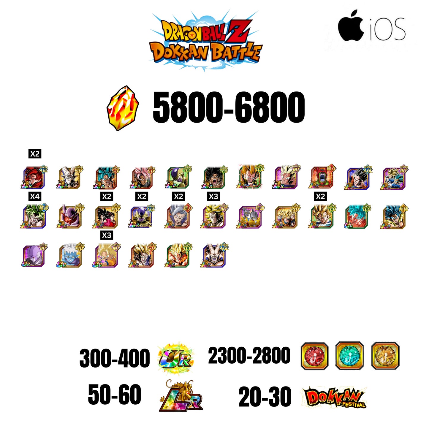 [GLOBAL][IOS] 5800-6800 STONES | 4 WWC LR  | GOHAN LR | FRIEZA LR | BROLY LR | 28 CHARACTERS | 50-60 LR + 20-30 DOKKAN FESTIVAL | 2300-2800 COIN