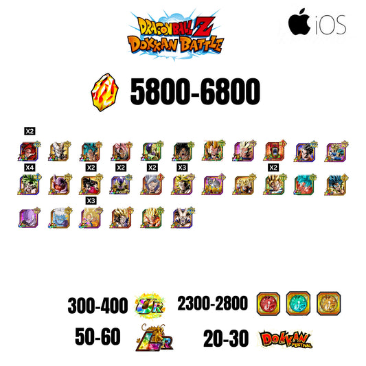 [GLOBAL][IOS] 5800-6800 STONES | 4 WWC LR  | GOHAN LR | FRIEZA LR | BROLY LR | 28 CHARACTERS | 50-60 LR + 20-30 DOKKAN FESTIVAL | 2300-2800 COIN