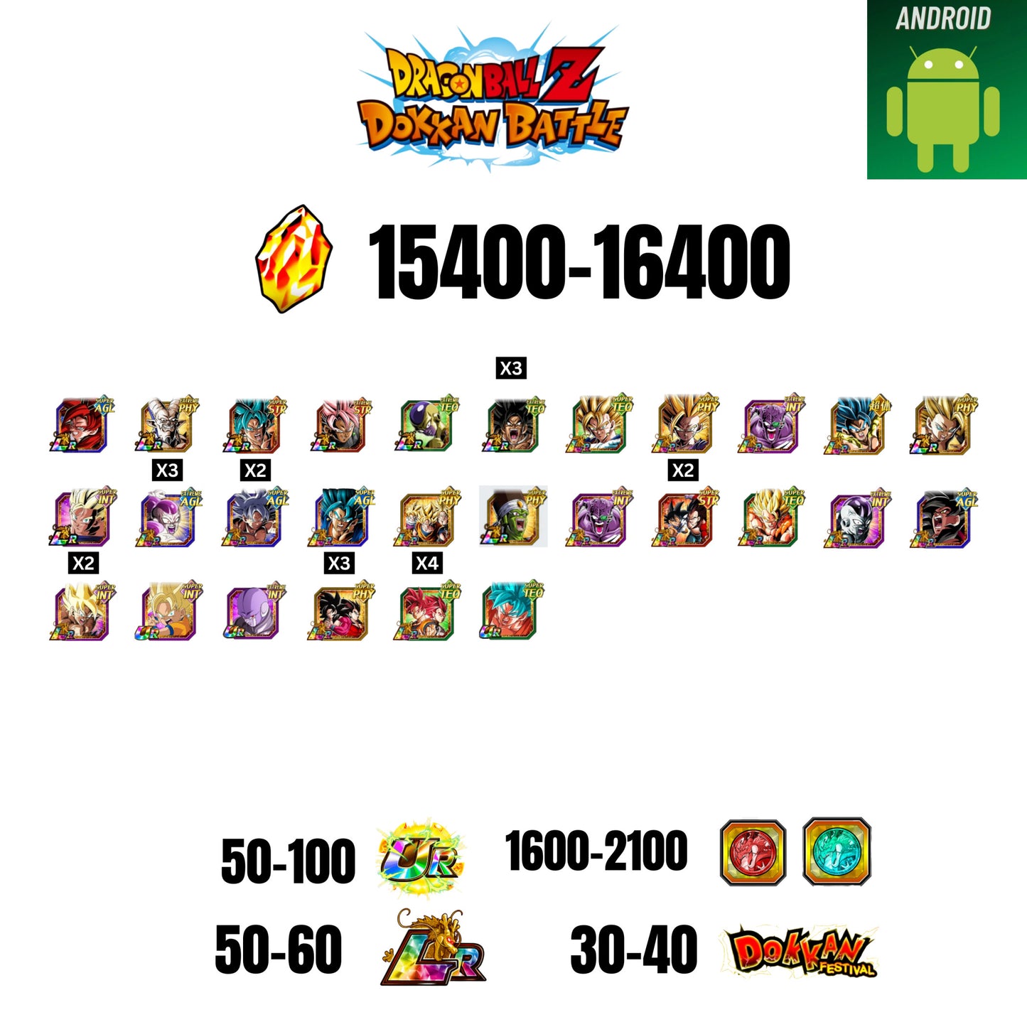 [GLOBAL] [ANDROID] 15400-16400 STONES | 4 WWC LR  | GOHAN LR | FRIEZA LR | BROLY LR X2 | 28 CHARACTERS | 50-60 LR + 30-40 DOKKAN FESTIVAL | 1600-2100 COIN