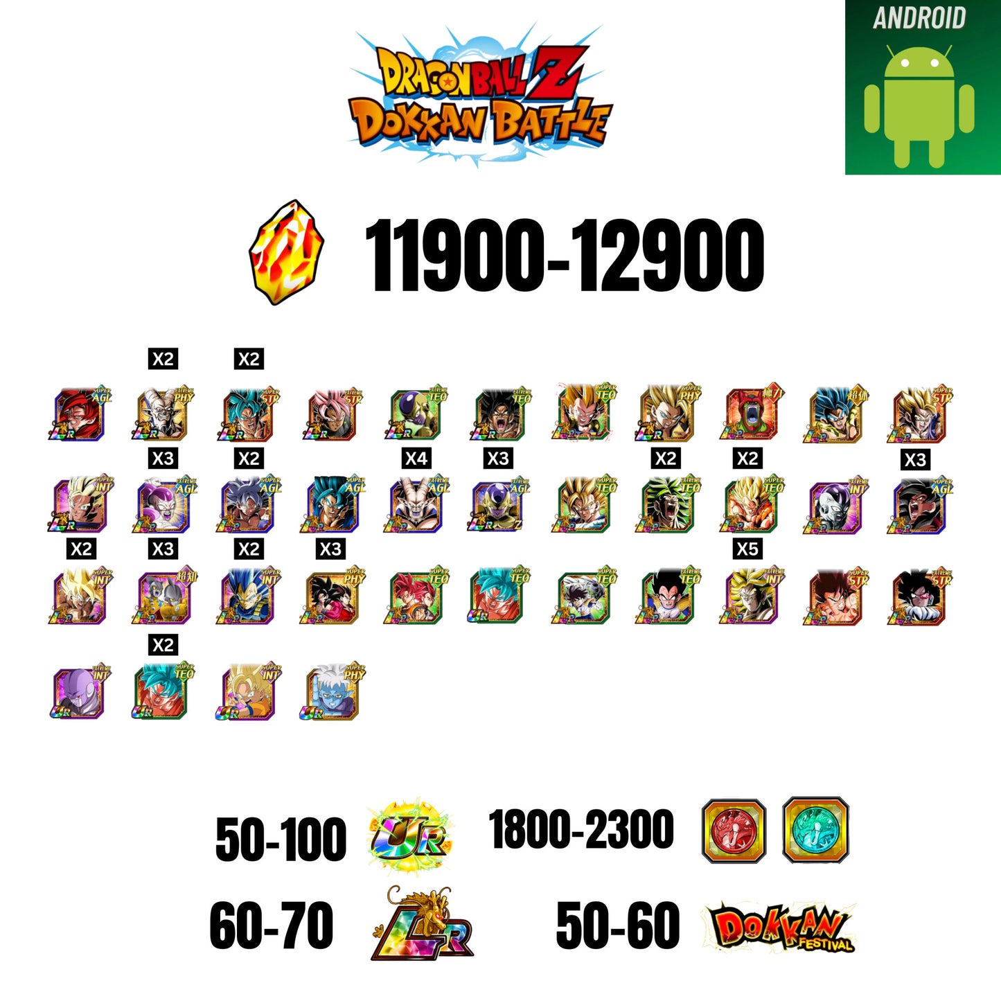 [GLOBAL] [ANDROID] 11900-12900 STONES | 4 WWC LR  | GOHAN LR | FRIEZA LR | BROLY LR | 34 CHARACTERS | 60-70 LR + 50-60 DOKKAN FESTIVAL | 1800-2300 COIN