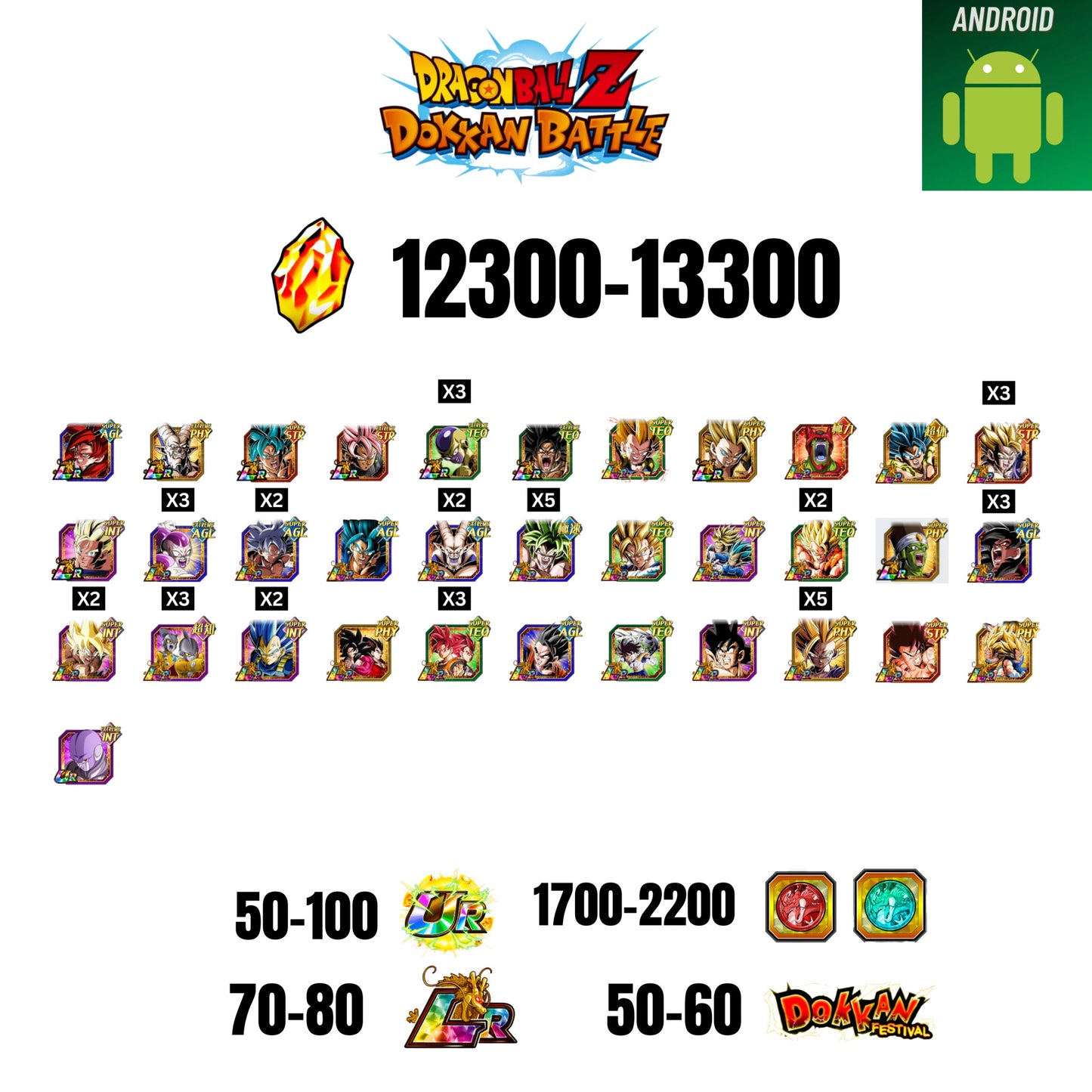 [GLOBAL] [ANDROID] 12300-13300 STONES | 4 WWC LR  | GOHAN LR | FRIEZA LR X2 | BROLY LR | 34 CHARACTERS | 70-80 LR + 50-60 DOKKAN FESTIVAL | 1700-2200 COIN