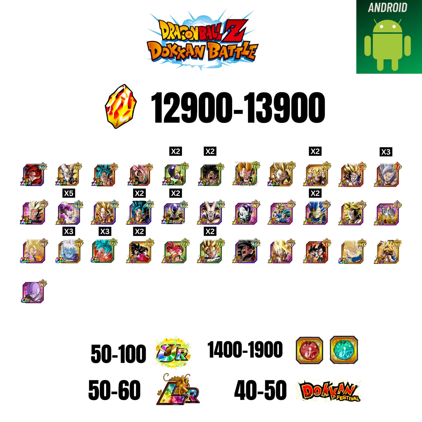 [GLOBAL] [ANDROID] 12900-13900 STONES | 4 WWC LR  | GOHAN LR | FRIEZA LR X2 | BROLY LR X2 | 34 CHARACTERS | 50-60 LR + 40-50 DOKKAN FESTIVAL | 1400-1900 COIN