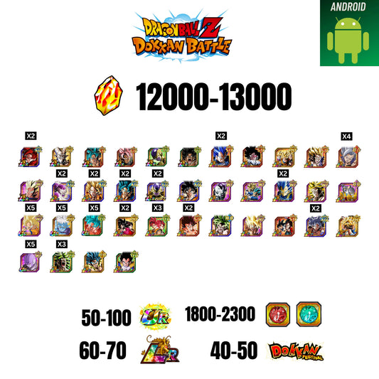 [GLOBAL] [ANDROID] 12000-13000 STONES | 4 WWC LR  | GOHAN LR | FRIEZA LR | BROLY LR | 41 CHARACTERS | 60-70 LR + 40-50 DOKKAN FESTIVAL | 1800-2300 COIN