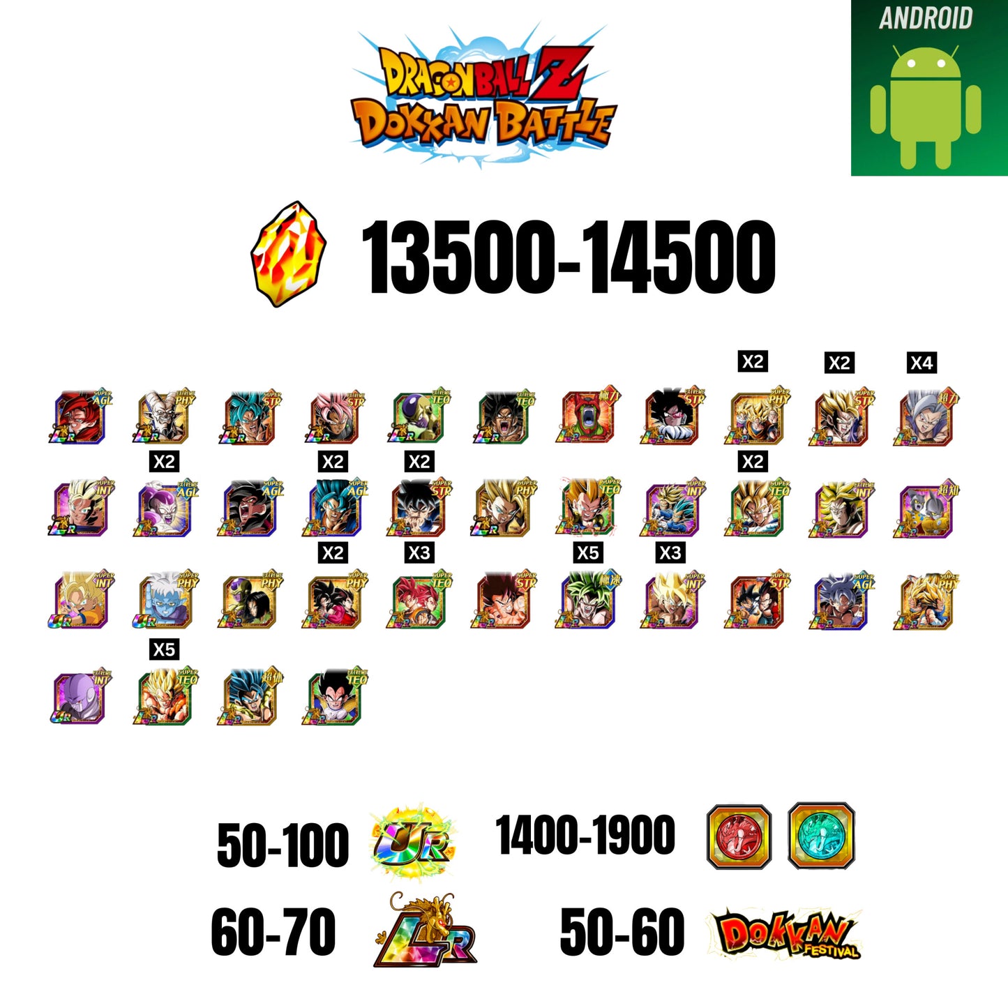 [GLOBAL] [ANDROID] 13500-14500 STONES | 4 WWC LR  | GOHAN LR | FRIEZA LR | BROLY LR | 37 CHARACTERS | 60-70 LR + 50-60 DOKKAN FESTIVAL | 1400-1900 COIN