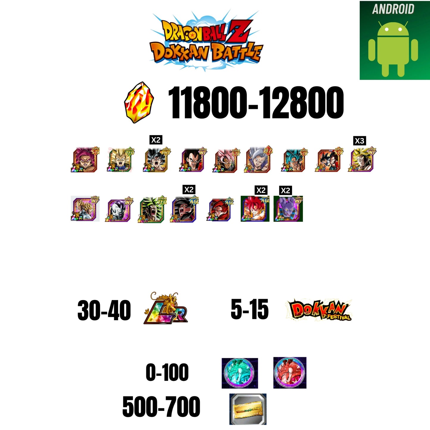 [GLOBAL][ANDROID] 11800-12800 STONES GOKU GOD | BEERUS | GOKU SS4 | VEGETA SS3 | GOKU UI | VEGETA SS4 | 16 CHARACTERS | 30-40 LR + 5-15 DOKKAN FEST | 500 TICKET