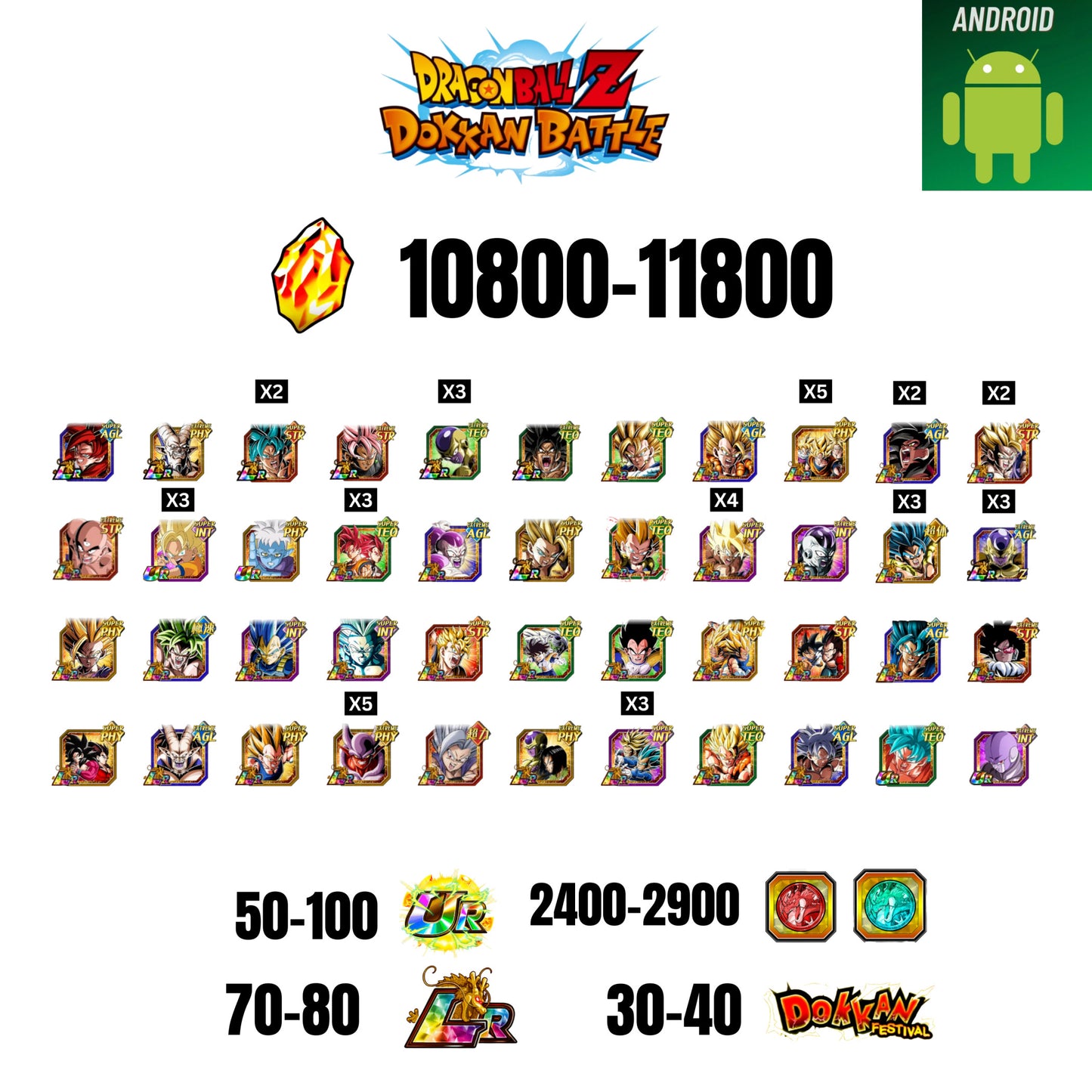 [GLOBAL] [ANDROID] 10800-11800 STONES | 4 WWC LR  | FRIEZA LR X2 | BROLY LR | 44 CHARACTERS | 70-80 LR + 30-40 DOKKAN FESTIVAL | 2400-2900 COIN