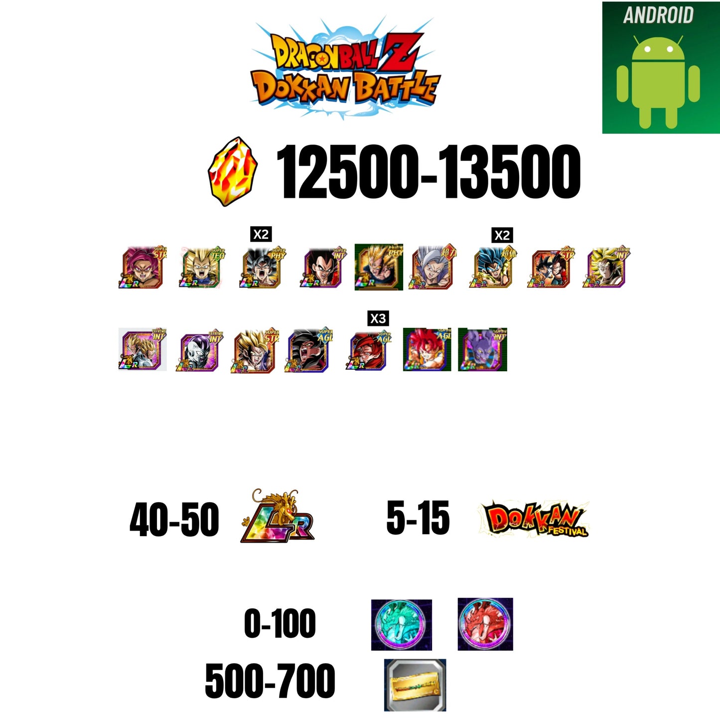[GLOBAL][ANDROID] 12500-13500 STONES GOKU GOD | BEERUS | GOKU SS4 | VEGETA SS3 | GOKU UI | VEGETA SS4 | 18 CHARACTERS | 40-50 LR + 5-15 DOKKAN FEST | 500 TICKET