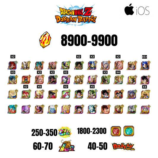 [GLOBAL][IOS] 8900-9900 STONES | 4 WWC LR  | GOHAN LR | FRIEZA LR | BROLY LR | 44 CHARACTERS | 60-70 LR + 40-50 DOKKAN FESTIVAL | 1800-2200 COIN