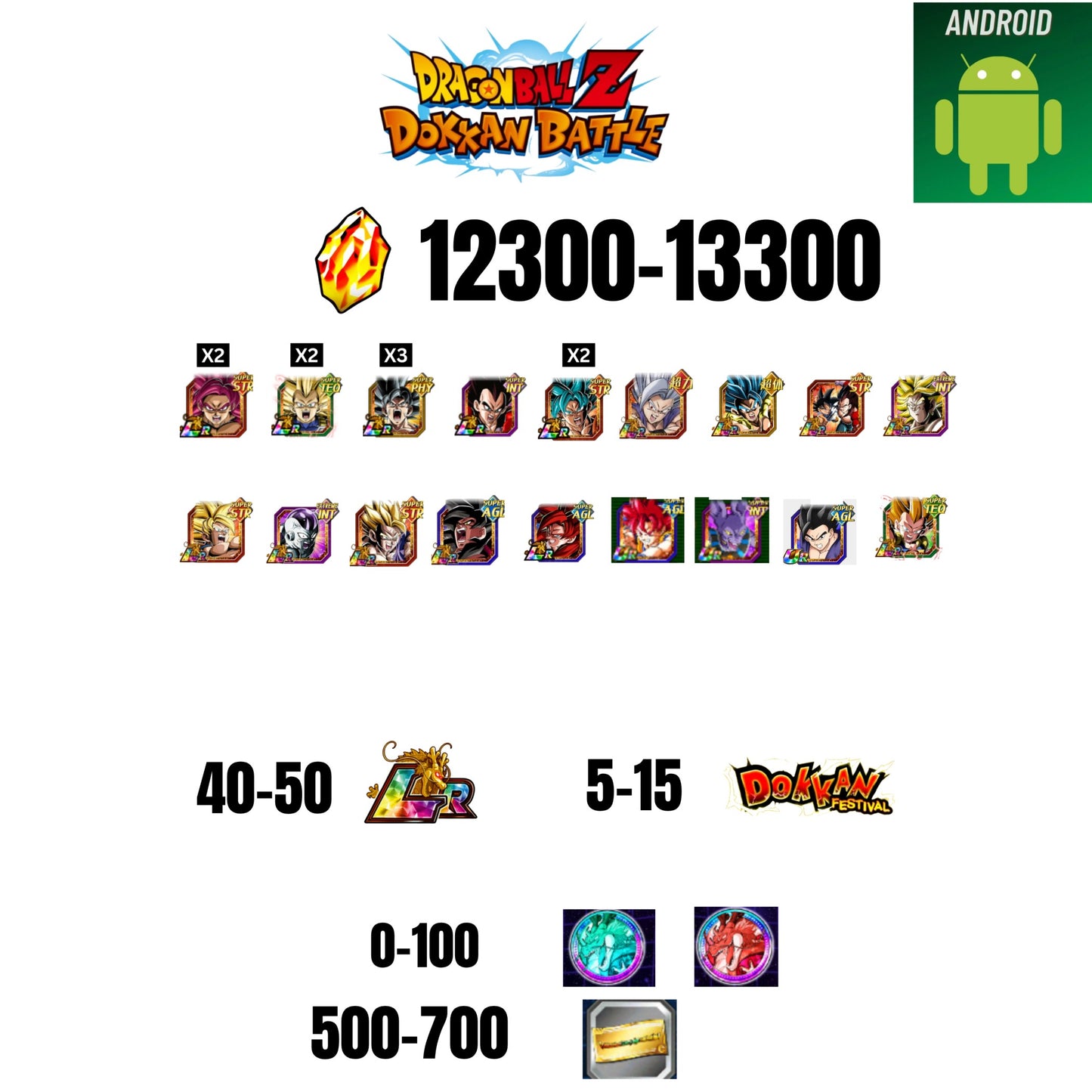 [GLOBAL][ANDROID] 12300-13300 STONES GOKU GOD | BEERUS | GOKU SS4 | VEGETA SS3 | GOKU UI | VEGETA SS4 | 18 CHARACTERS | 40-50 LR + 5-15 DOKKAN FEST | 500 TICKET