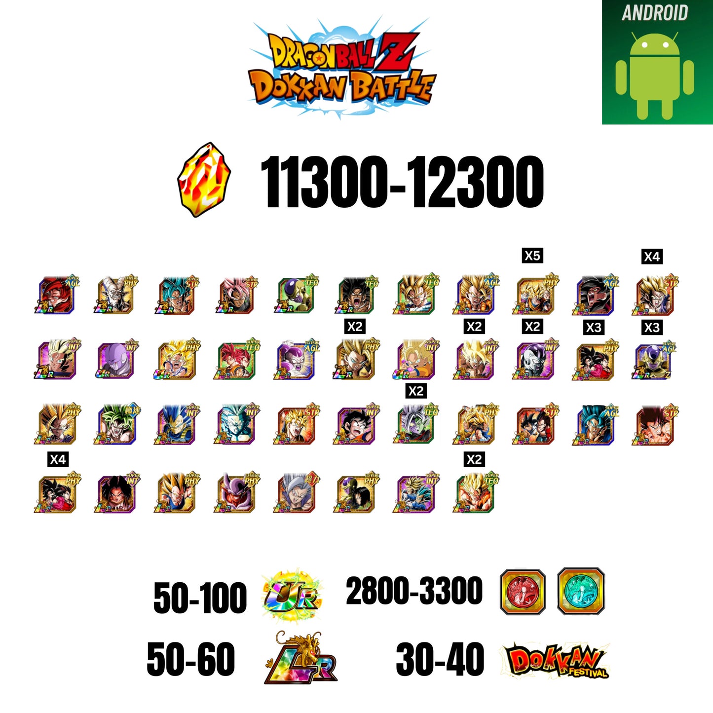 [GLOBAL] [ANDROID] 11300-12300 STONES | 4 WWC LR  | GOHAN LR | FRIEZA LR | BROLY LR | 41 CHARACTERS | 50-60 LR + 30-40 DOKKAN FESTIVAL | 2800-3300 COIN