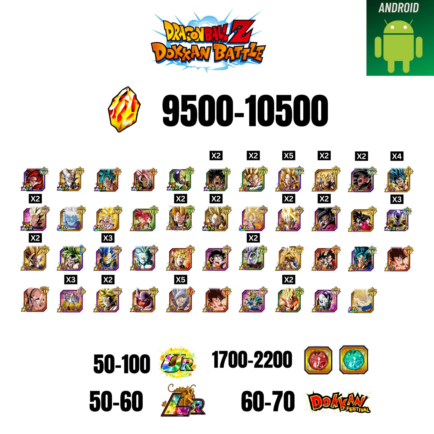 [GLOBAL] [ANDROID] 9500-10500 STONES | 4 WWC LR  | GOHAN LR | FRIEZA LR X2 | BROLY LR X2 | 44 CHARACTERS | 60-70 LR + 30-40 DOKKAN FESTIVAL | 1600-2100 COIN