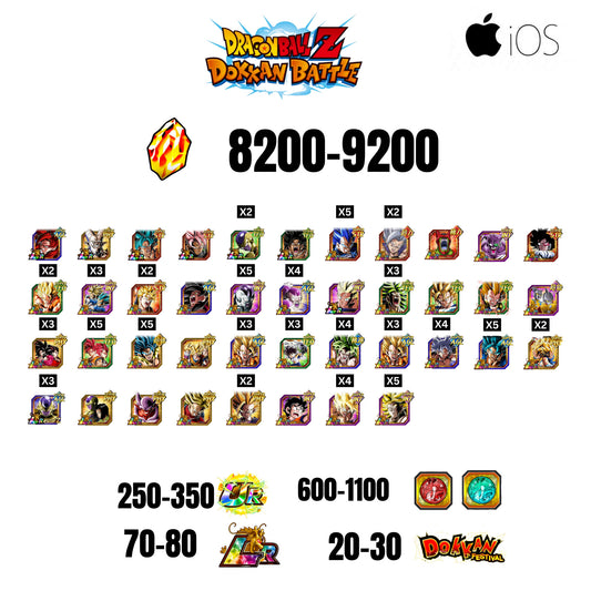 [GLOBAL][IOS] 8200-9200 STONES | 4 WWC LR  | GOHAN LR | FRIEZA LR | BROLY LR | 42 CHARACTERS | 70-80 LR + 20-30 DOKKAN FESTIVAL | 600-1100 COIN