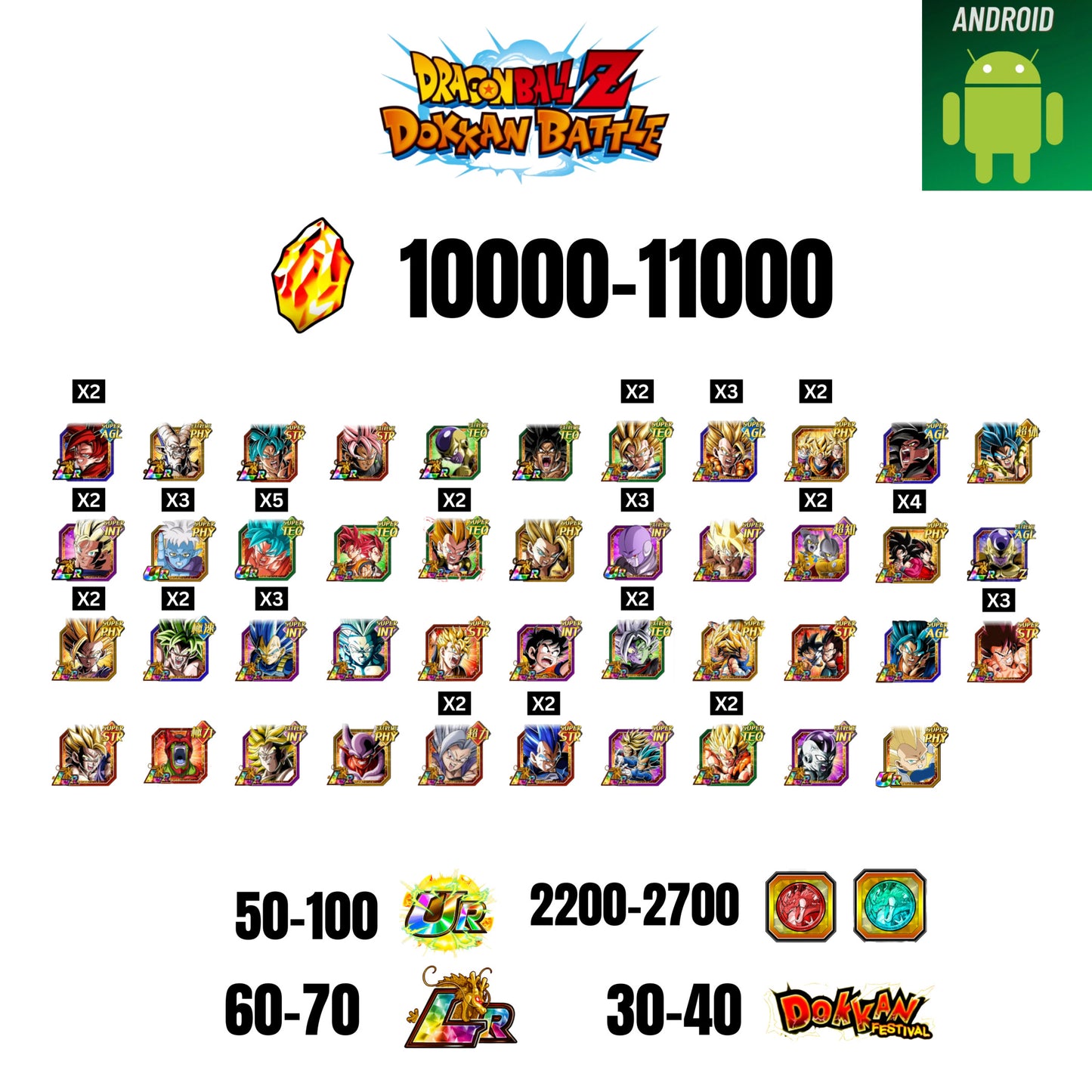 [GLOBAL] [ANDROID] 10000-11000 STONES | 4 WWC LR  | GOHAN LR X3 | FRIEZA LR | BROLY LR | 44 CHARACTERS | 60-70 LR + 30-40 DOKKAN FESTIVAL | 2200-2700 COIN