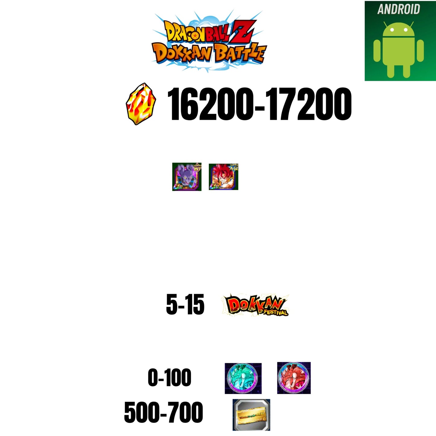 [GLOBAL][ANDROID] 16200-17200 STONES | GOKU GOD | BEERUS | 2 CHARACTERS | 5-15 DOKKAN FEST | 500 TICKET