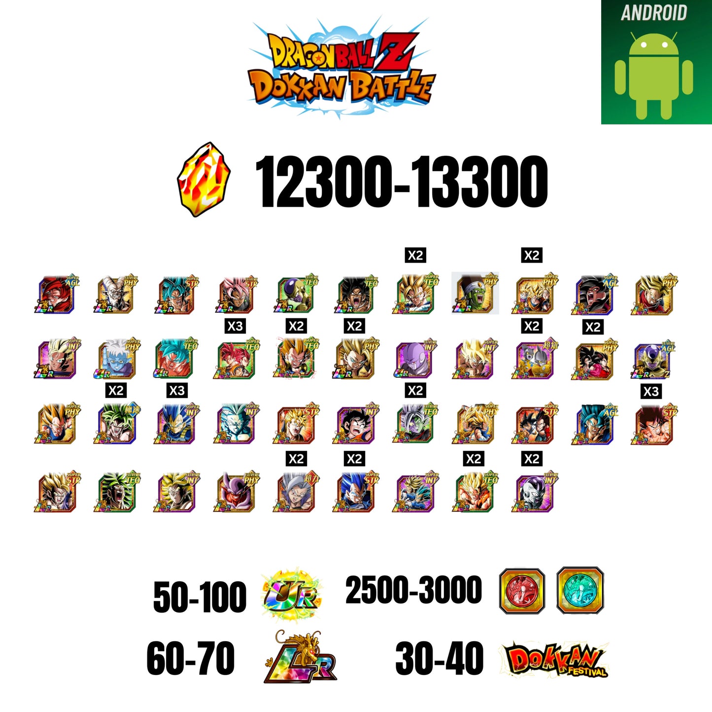 [GLOBAL] [ANDROID] 12300-13300 STONES | 4 WWC LR  | GOHAN LR | FRIEZA LR | BROLY LR | 42 CHARACTERS | 60-70 LR + 30-40 DOKKAN FESTIVAL | 2500-3000 COIN