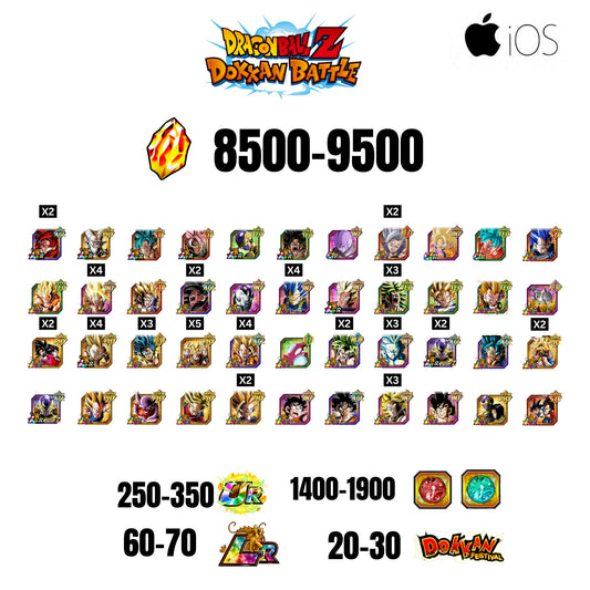 [GLOBAL][IOS] 8500-9500 STONES | 4 WWC LR  | GOHAN LR | FRIEZA LR | BROLY LR | 44 CHARACTERS | 60-70 LR + 20-30 DOKKAN FESTIVAL | 1400-1900 COIN