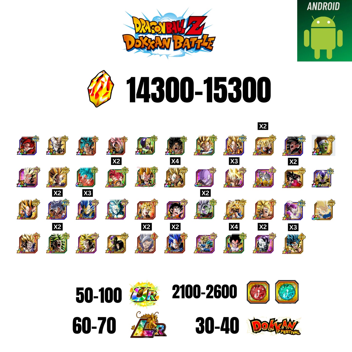 [GLOBAL] [ANDROID] 14300-15300 STONES | 4 WWC LR  | GOHAN LR | FRIEZA LR | BROLY LR | 43 CHARACTERS | 60-70 LR + 30-40 DOKKAN FESTIVAL | 2100-2600 COIN