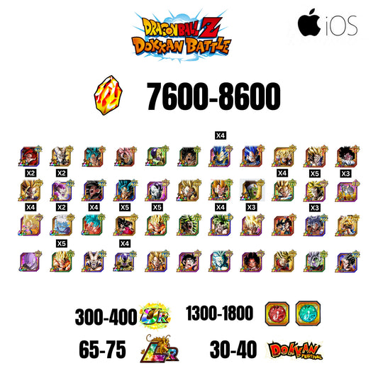 [GLOBAL][IOS] 7600-8600 STONES | 4 WWC LR  | GOHAN LR | FRIEZA LR | BROLY LR | 44 CHARACTERS | 65-75 LR + 30-40 DOKKAN FESTIVAL | 1300-1800 COIN