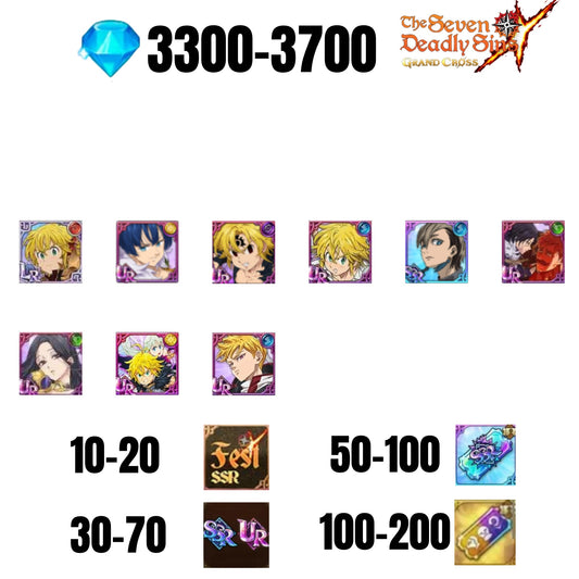 [GLOBAL] 3300-3700 GEMS | GAWAIN | NEMESIS MELIODAS | ESCANOR/MERLIN | 7 FEST UR | 1 COLLAB | 30-70 FEST UR/SSR