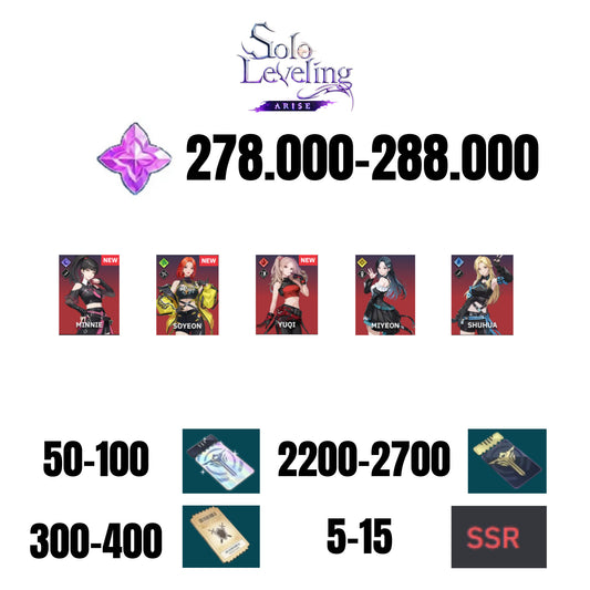 [GLOBAL] 278000-288000 GEMS | 5 COLLABORATION CHARACTER | 5-15 SSR | 50-100 SPECIAL DRAW TICKETS | 2200-2700 NORMAL DRAW TICKETS | 300-400 EQUIP TICKETS