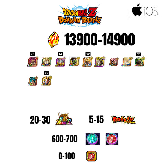 [GLOBAL][IOS] 13900-14900 STONES | GOKU SS4 | VEGETA SS3 | 11 CHARACTERS | 20-30 LR + 5-15 DOKKAN FESTIVAL | 600-700 ANNY COIN