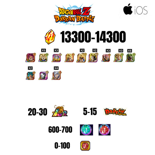 [GLOBAL][IOS] 13300-14300 STONES | GOKU SS4 | VEGETA SS3 | 12 CHARACTERS | 20-30 LR + 5-15 DOKKAN FESTIVAL | 600-700 ANNY COIN