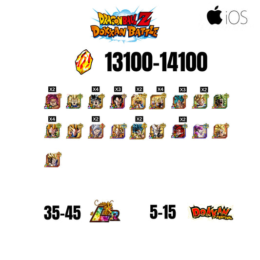 [GLOBAL][IOS] 13100-14100 STONES | GOKU SS4 | VEGETA SS3 | GOKU UI LR | VEGETA SS4 LR | 19 CHARACTERS | 35-45 LR + 5-15 DOKKAN FESTIVAL