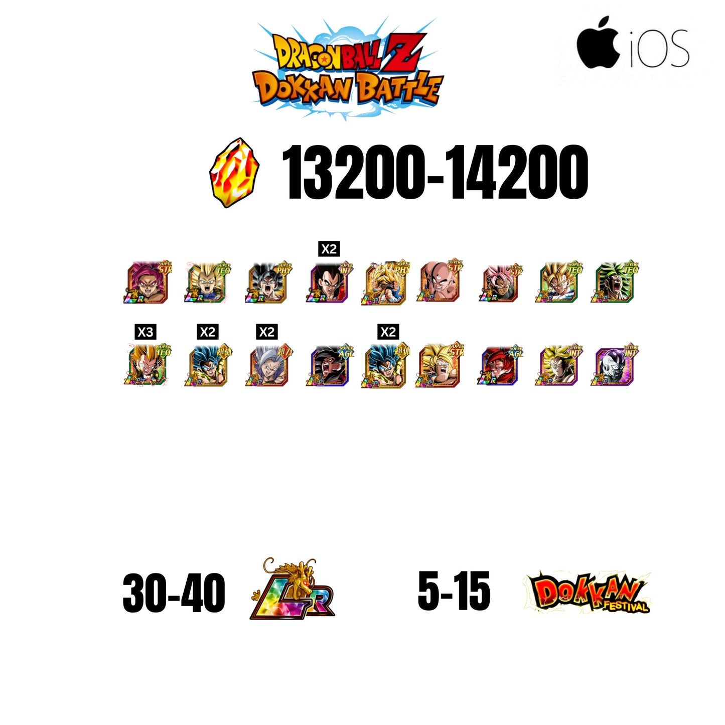 [GLOBAL][IOS] 13200-14200 STONES | GOKU SS4 | VEGETA SS3 | GOKU UI LR | VEGETA SS4 LR | 18 CHARACTERS | 30-40 LR + 5-15 DOKKAN FESTIVAL
