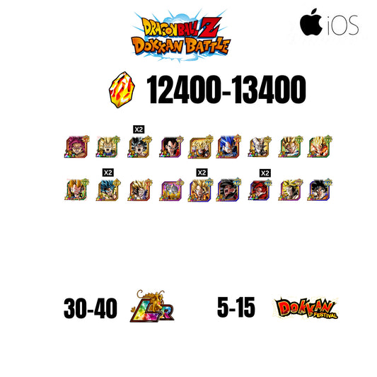 [GLOBAL][IOS] 12400-13400 STONES | GOKU SS4 | VEGETA SS3 | GOKU UI LR | VEGETA SS4 LR | 18 CHARACTERS | 30-40 LR + 5-15 DOKKAN FESTIVAL