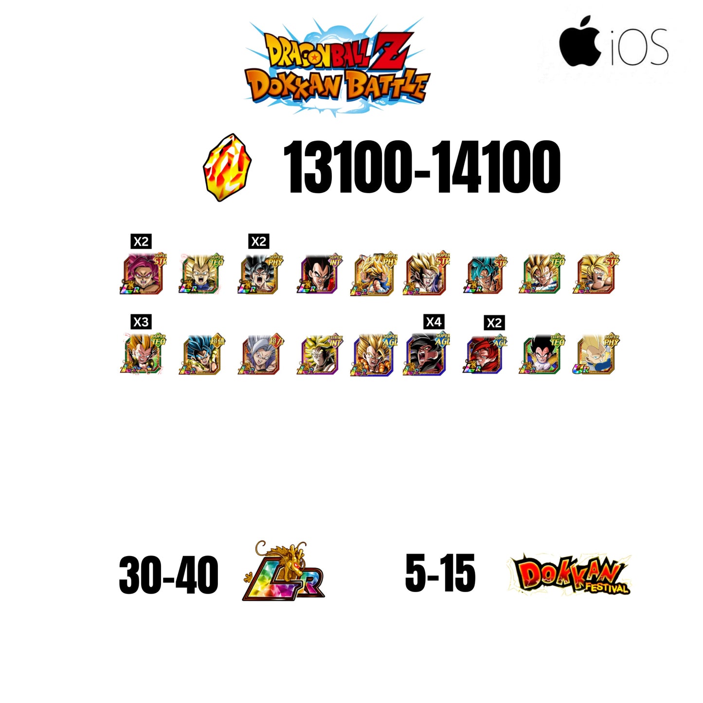 [GLOBAL][IOS] 13100-14100 STONES | GOKU SS4 | VEGETA SS3 | GOKU UI LR | VEGETA SS4 LR | 18 CHARACTERS | 30-40 LR + 5-15 DOKKAN FESTIVAL