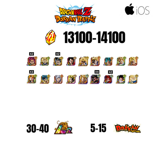 [GLOBAL][IOS] 13100-14100 STONES | GOKU SS4 | VEGETA SS3 | GOKU UI LR | VEGETA SS4 LR | 18 CHARACTERS | 30-40 LR + 5-15 DOKKAN FESTIVAL