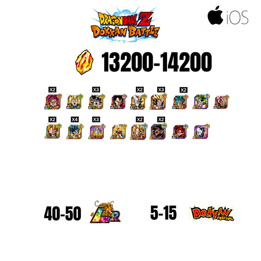 [GLOBAL][IOS] 13200-14200 STONES | GOKU SS4 | VEGETA SS3 | GOKU UI LR | VEGETA SS4 LR | 17 CHARACTERS | 40-50 LR + 5-15 DOKKAN FESTIVAL