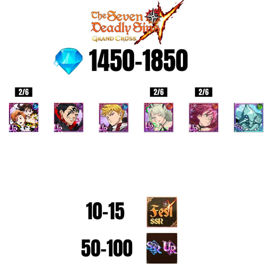 💎1850 GEMS💎6 CHARACTERS GUARANTEED🔥100 UR/SSR🌟15 FEST CHARACTERS🌟SEVEN DEADLY SINS GRAND CROSS GLOBAL/7DS