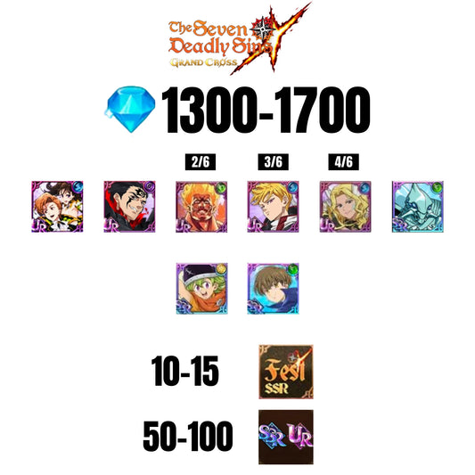 💎1700 GEMS💎8 CHARACTERS GUARANTEED🔥100 UR/SSR🌟15 FEST CHARACTERS🌟SEVEN DEADLY SINS GRAND CROSS GLOBAL/7DS