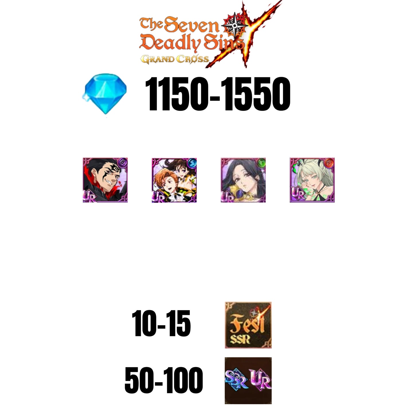 [GLOBAL] 1150-1550 GEMS | ZELDRIS DEMON KING NEW | KING/DIANE | SKULD | SABUNAK UR | COCTYUS | 10-15 FEST | 50-100 UR/SSR
