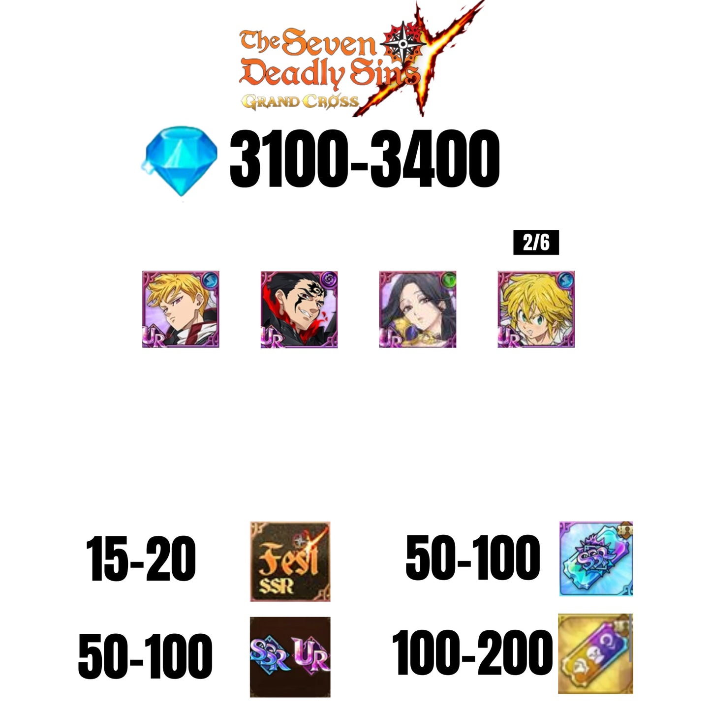 [GLOBAL] 3100-3400 GEMS | ZELDRIS DEMON KING NEW | SKULD | LANCELOT | MELIODAS DEMON KING | COCTYUS | 15-20 FEST | 50-100 UR/SSR | 50-100 TICKET SSR