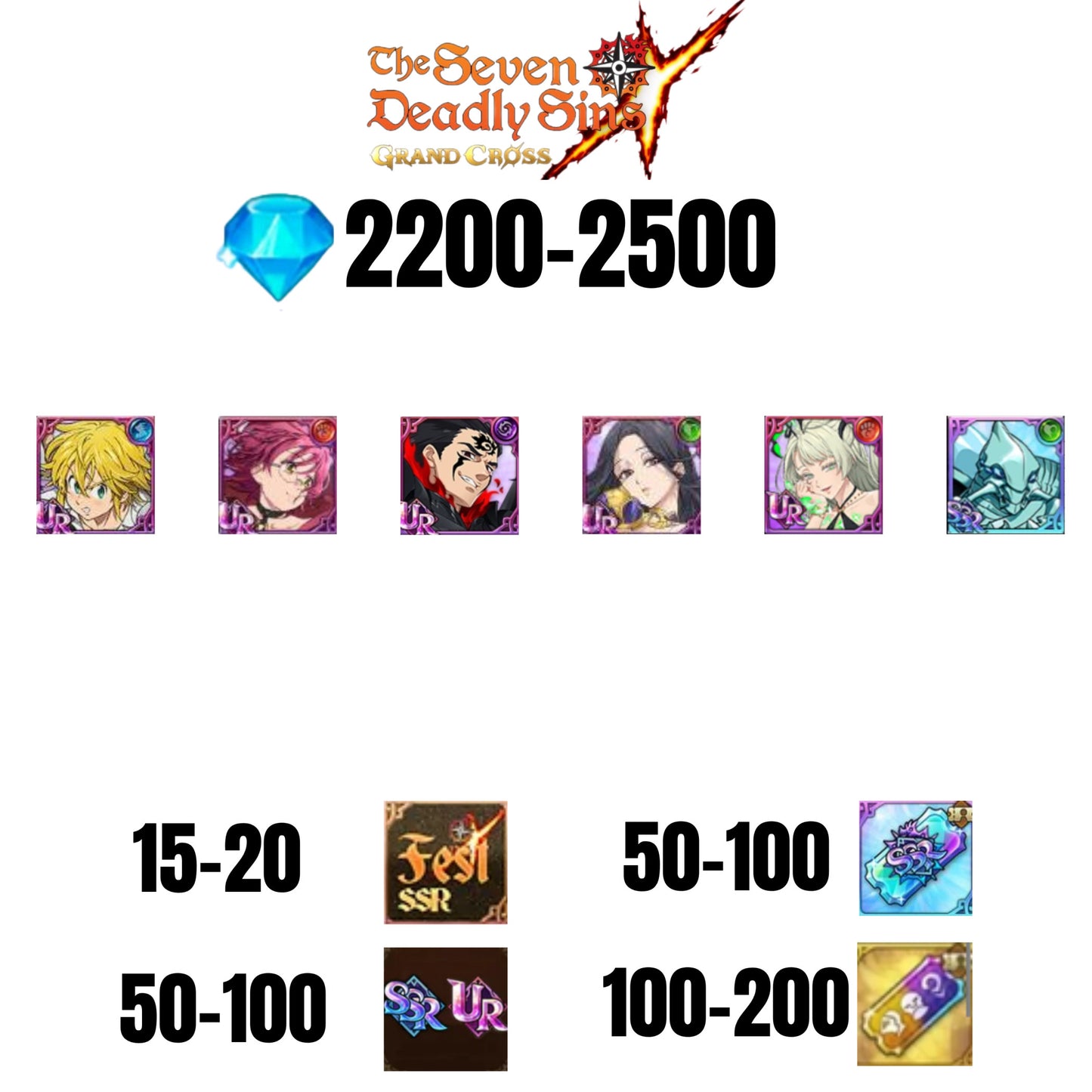[GLOBAL] 2200-2500 GEMS | ZELDRIS DEMON KING NEW | SKULD | GOWTHER UR | SABUNAK | MELIODAS DEMON KING | COCTYUS | 15-20 FEST | 50-100 UR/SSR | 50-100 TICKET SSR