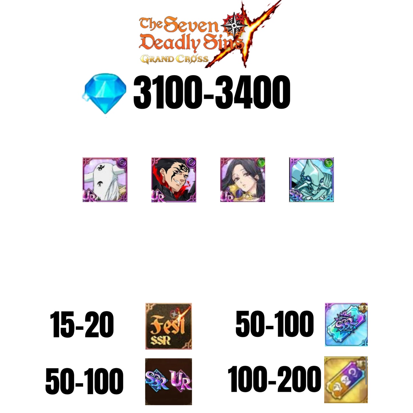 [GLOBAL] 3100-3400 GEMS | ZELDRIS DEMON KING NEW | SKULD | MAEL DARK | COCTYUS | 15-20 FEST | 50-100 UR/SSR | 50-100 TICKET SSR
