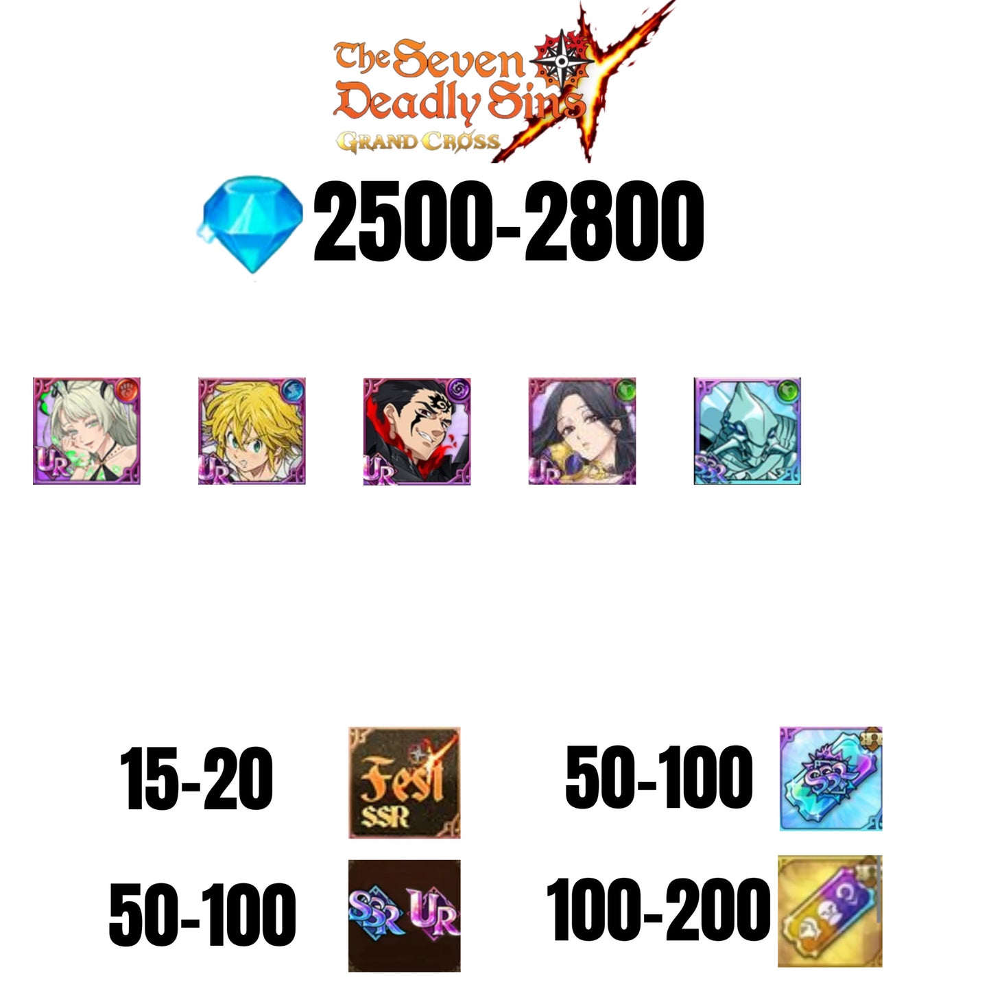[GLOBAL] 2500-2800 GEMS | ZELDRIS DEMON KING NEW | SKULD | SABUNAK | MELIODAS DEMON KING | COCTYUS | 15-20 FEST | 50-100 UR/SSR | 50-100 TICKET SSR