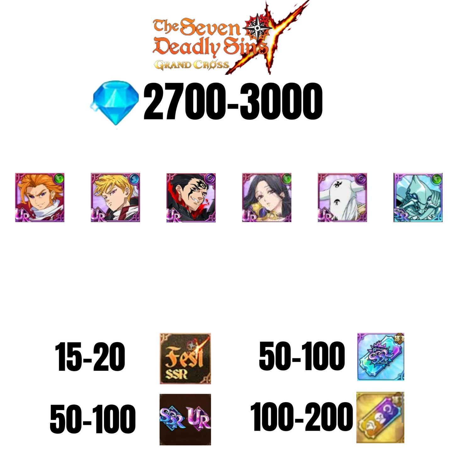 [GLOBAL] 2700-3000 GEMS | ZELDRIS DEMON KING NEW | SKULD | LANCELOT | ARTHUR UR | MAEL DARK | COCTYUS | 15-20 FEST | 50-100 UR/SSR | 50-100 TICKET SSR