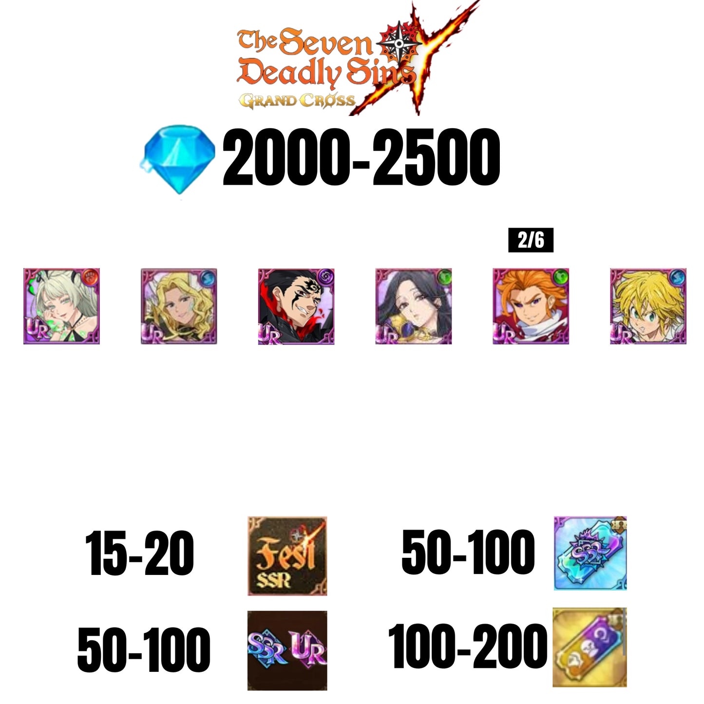 [GLOBAL] 2000-2500 GEMS | ZELDRIS DEMON KING NEW | SKULD | SABUNAK | ARTHUR UR| MELIODAS DEMON KING UR | THOR | COCTYUS | 15-20 FEST | 50-100 UR/SSR | 50-100 TICKET SSR