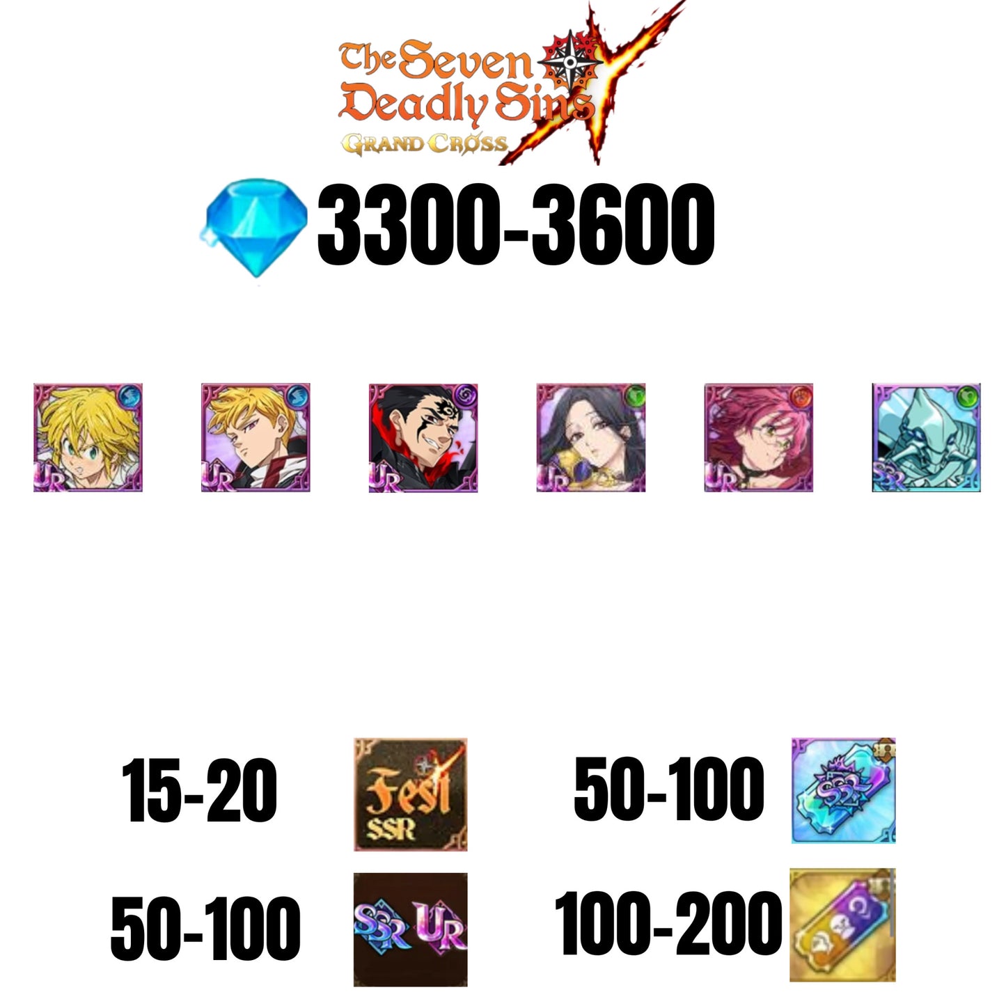[GLOBAL] 3300-3600 GEMS | ZELDRIS DEMON KING NEW | SKULD | LANCELOT | GOWTHER UR | MELIODAS DEMON KING | COCTYUS | 15-20 FEST | 50-100 UR/SSR | 50-100 TICKET SSR
