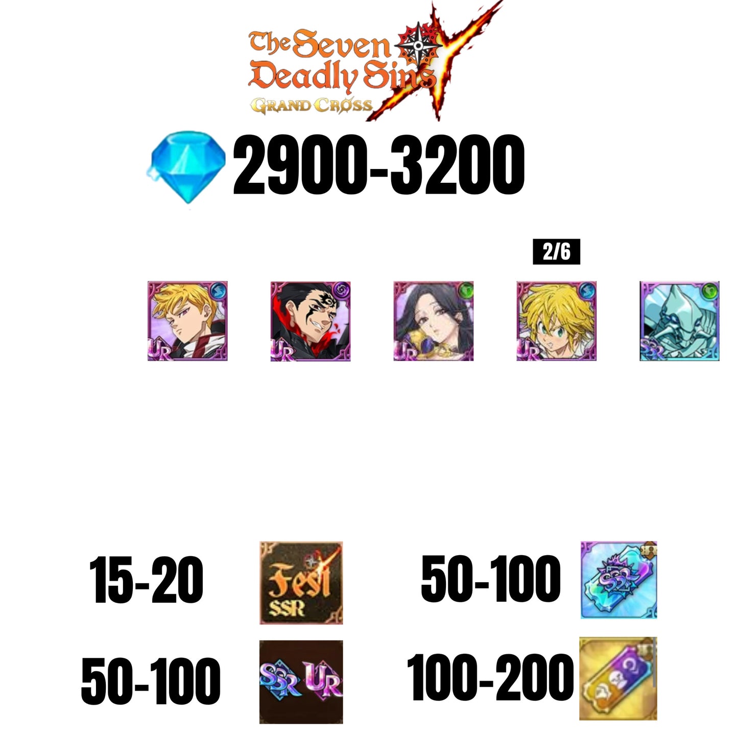 [GLOBAL] 2900-3200 GEMS | ZELDRIS DEMON KING NEW | SKULD | LANCELOT | MELIODAS DEMON KING | COCTYUS | 15-20 FEST | 50-100 UR/SSR | 50-100 TICKET SSR