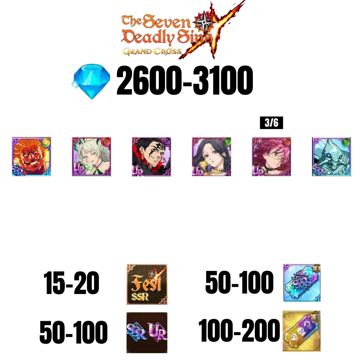 [GLOBAL] 2600-3100 GEMS | ZELDRIS DEMON KING NEW | SKULD | SABUNAK | GOWTHER UR | COCTYUS | 15-20 FEST | 50-100 UR/SSR | 50-100 TICKET SSR